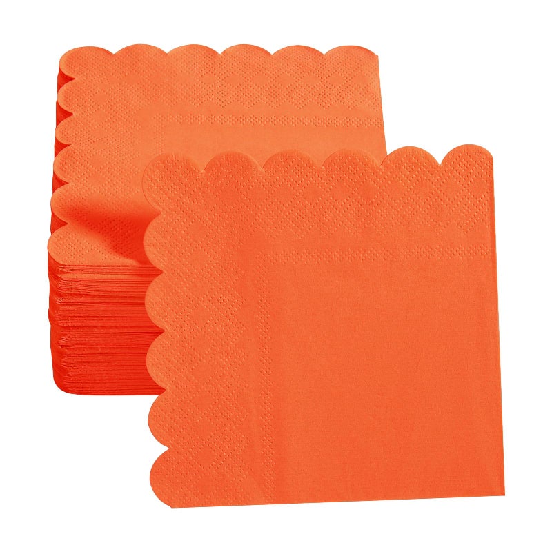 BEFORYOU 100 Pack Cocktail Napkin 2-Ply Scalloped Edged Dessert Napkins Folded 5 x 5 Inches Disposable Napkins for Dinner Wedding Birthday Party Bridal Anniversary Reception Event (Orange) - Image 4