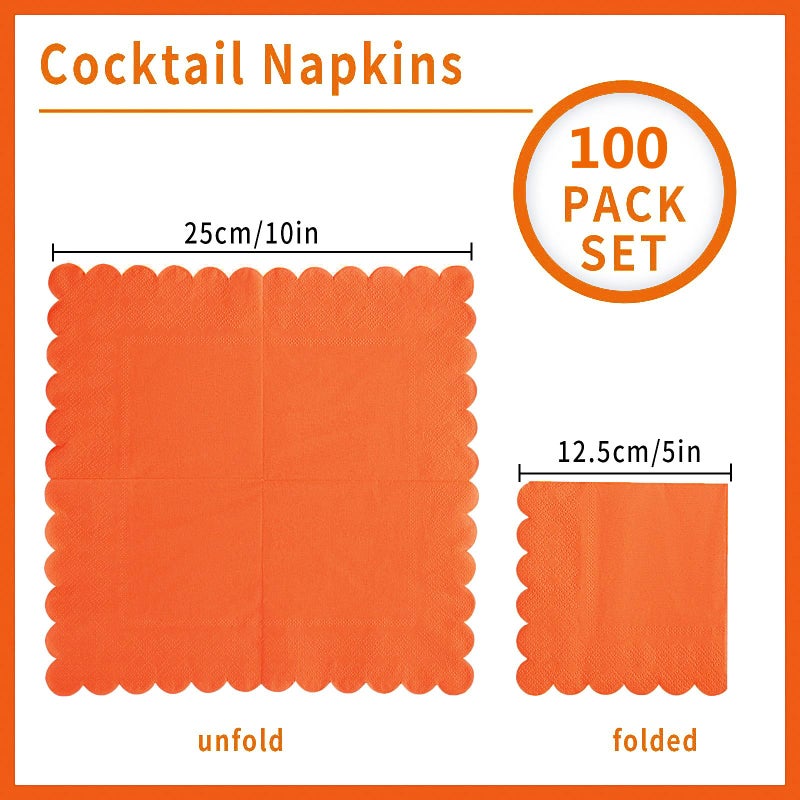 BEFORYOU 100 Pack Cocktail Napkin 2-Ply Scalloped Edged Dessert Napkins Folded 5 x 5 Inches Disposable Napkins for Dinner Wedding Birthday Party Bridal Anniversary Reception Event (Orange) - Image 2