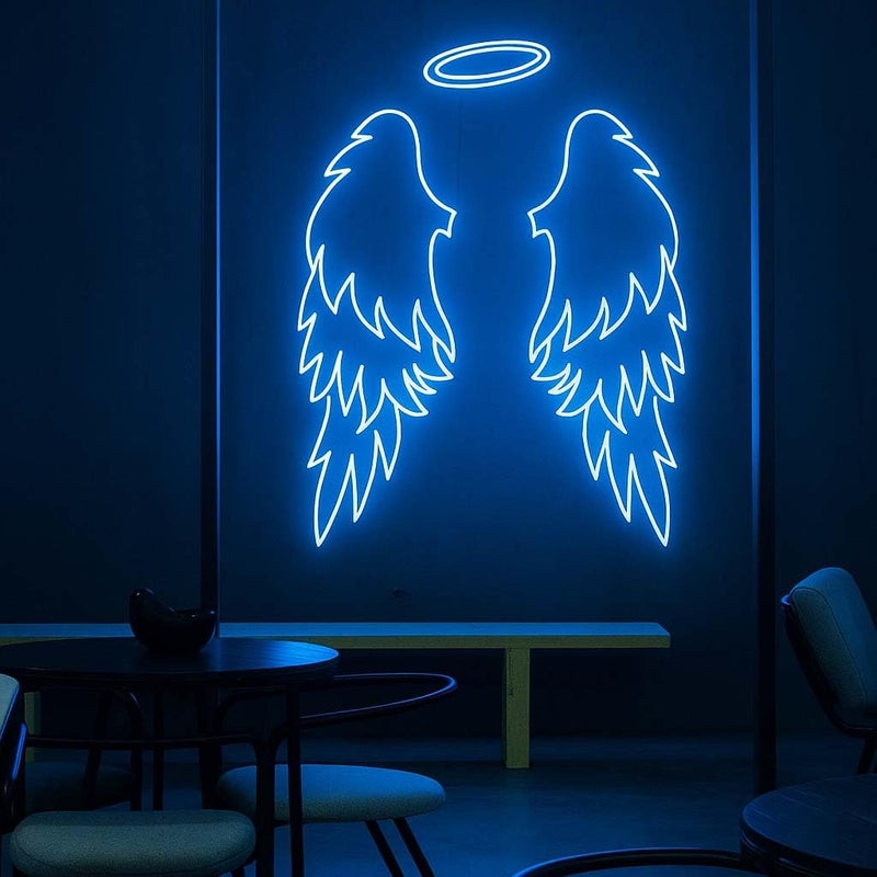 Horoof Home Angel Wings Neon Sign with Halo - 100x42.7cm Blue LED Wall Light for Bedroom, Party, Salon, and Photo Booth - Image 1