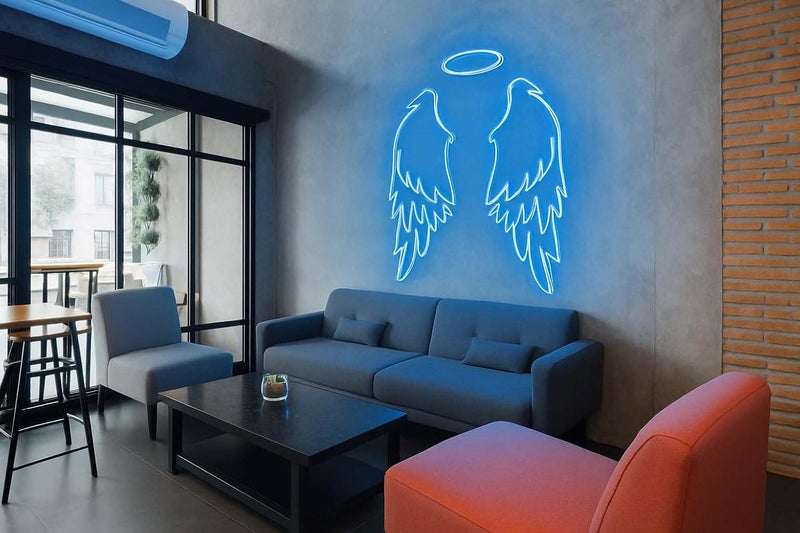 Horoof Home Angel Wings Neon Sign with Halo - 100x42.7cm Blue LED Wall Light for Bedroom, Party, Salon, and Photo Booth - Image 3