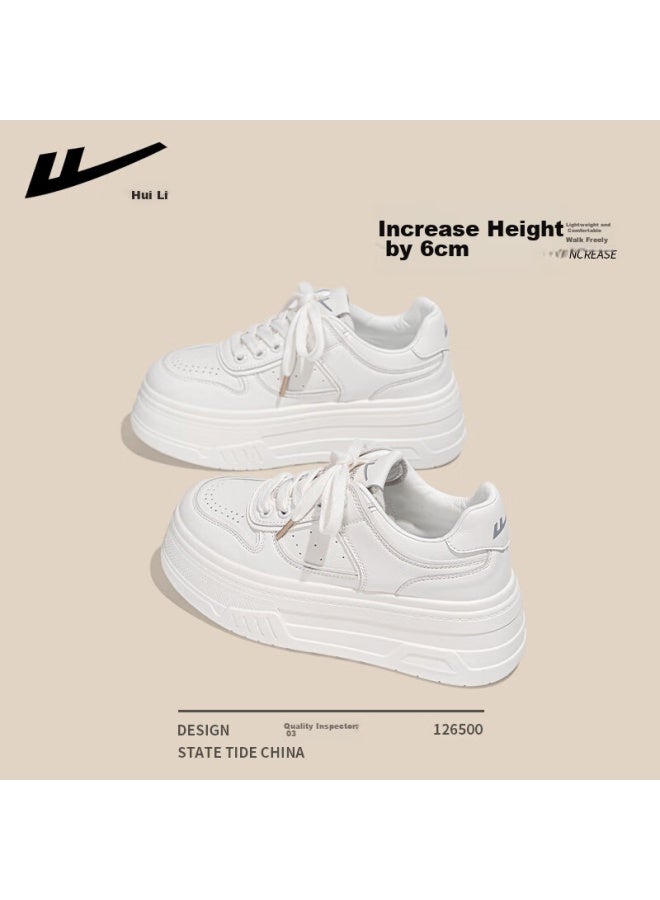 Pull Back Huili Women's Shoes, Spring Thick-soled White Sneakers, Versatile Height-increasing Skateboard Shoes For Female Students, Casual Sports Shoes For Women, White, Size 40 - Image 1