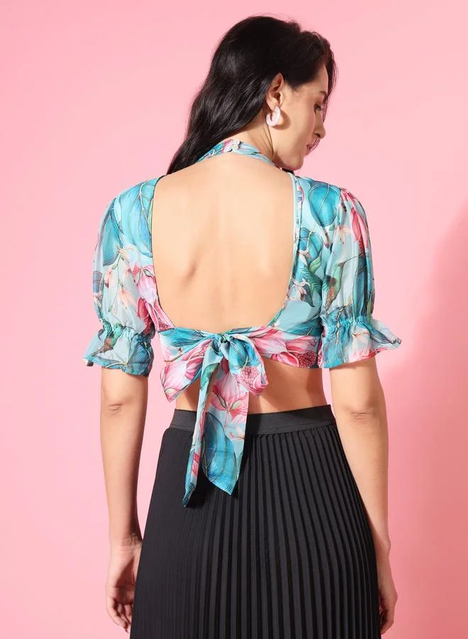 تايك تو بلوزة قصيرة نسائية زرقاء بربطة خلفية من ذا دراي ستيت