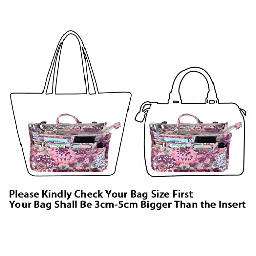 BTSKY Printing Handbag Organizers Inside Purse Insert - High Capacity 13 Pockets Bag Tote Organizer with Handle (Peony) - Image 4