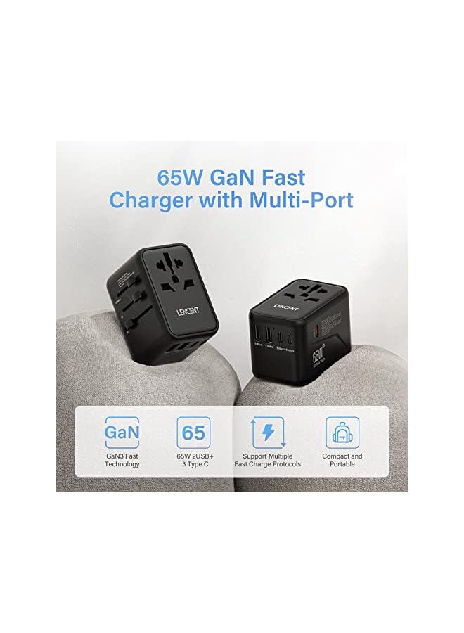 Lencent Universal Travel Adapter, GaN III 65W International Charger with 2 USB Ports & 3 USB-C PD Fast Charging Adaptor, Worldwide Wall Charger for iPhone,Samsung,Laptops, Type A/C/G/I (USA/UK/EU/AUS) - Image 4