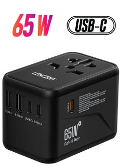 Lencent Universal Travel Adapter, GaN III 65W International Charger with 2 USB Ports & 3 USB-C PD Fast Charging Adaptor, Worldwide Wall Charger for iPhone,Samsung,Laptops, Type A/C/G/I (USA/UK/EU/AUS)  - Image 1