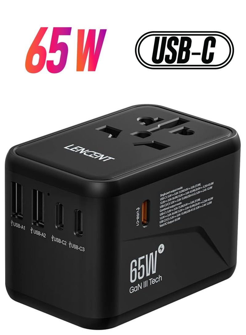 Lencent Universal Travel Adapter, GaN III 65W International Charger with 2 USB Ports & 3 USB-C PD Fast Charging Adaptor, Worldwide Wall Charger for iPhone,Samsung,Laptops, Type A/C/G/I (USA/UK/EU/AUS) - Image 1