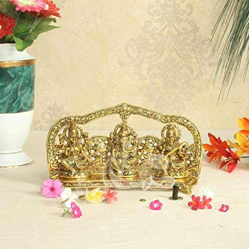 Lavanaya Silver - Metal Laxmi Ganesh Saraswati Idol, 14 cm x 26 cm x 5 cm, Gold Diwali Gift, Laxmi Ganesh Idol for Gift (Golden LGSG) - Image 3