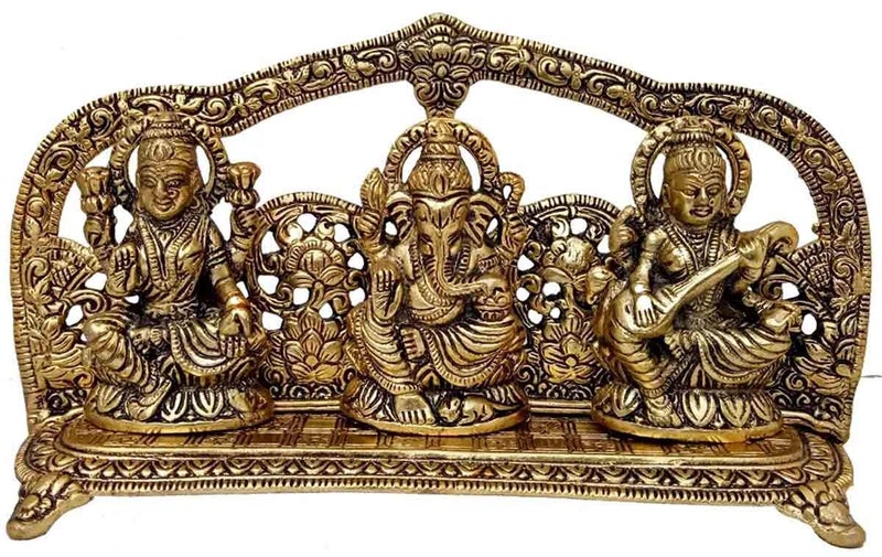 Lavanaya Silver - Metal Laxmi Ganesh Saraswati Idol, 14 cm x 26 cm x 5 cm, Gold Diwali Gift, Laxmi Ganesh Idol for Gift (Golden LGSG) - Image 5