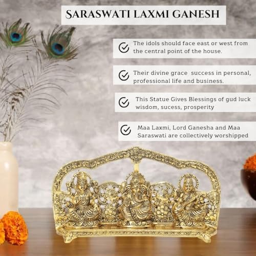 Lavanaya Silver - Metal Laxmi Ganesh Saraswati Idol, 14 cm x 26 cm x 5 cm, Gold Diwali Gift, Laxmi Ganesh Idol for Gift (Golden LGSG) - Image 4