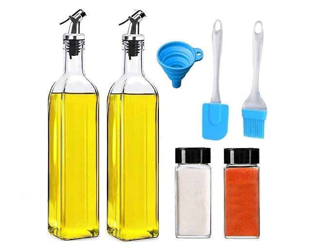 KONSSEE Glass 500 ml Oil Dispenser for Kitchen Oil Containers for Kitchen Oil Bottle for Kitchen Oil Can Oil Pourer with 120 ml Spice Jar Funnel Oil Brush Spatula