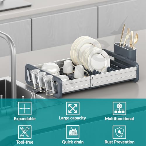 Plantex Kitchen Storage Rack/Aluminium Fold Flat Dish Drying Rack/Household Kitchen Bowls and Plates Organizers/Utensil Storage Holder - (Silver & Grey) - Image 2