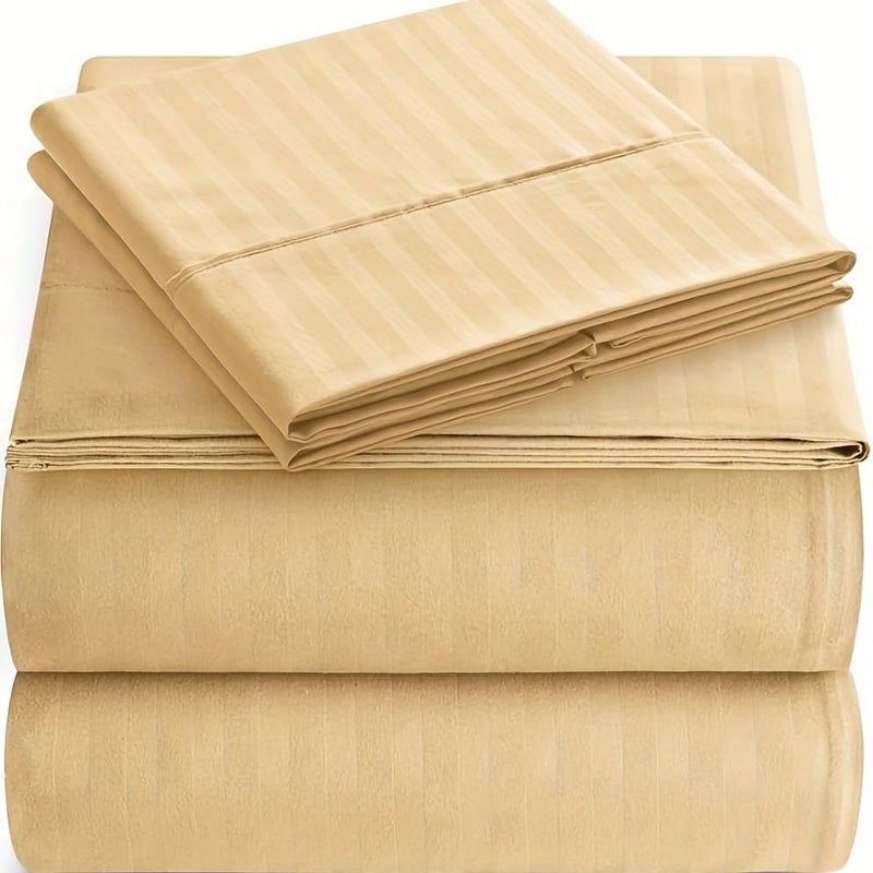 4 Pcs 15 Inch Deep Pocket White Striped Bed Sheet Set 1800 Luxury Soft Microfiber Wrinkle Resistant Fitted Sheet 53.15 By 74.8 Inches - Image 2