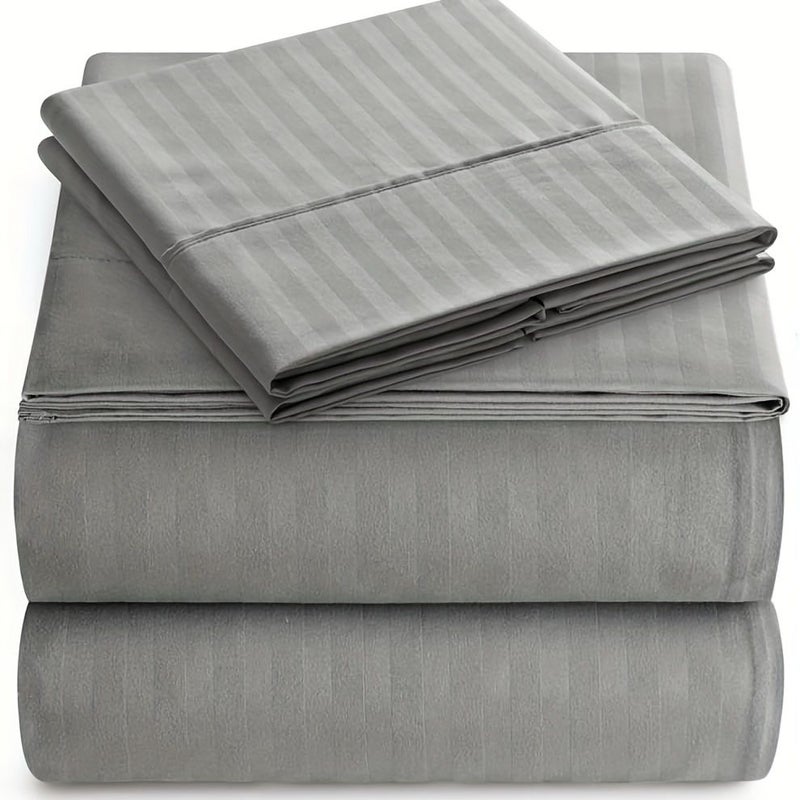 4 Pcs 15 Inch Deep Pocket White Striped Bed Sheet Set 1800 Luxury Soft Microfiber Wrinkle Resistant Fitted Sheet 53.15 By 74.8 Inches - Image 1