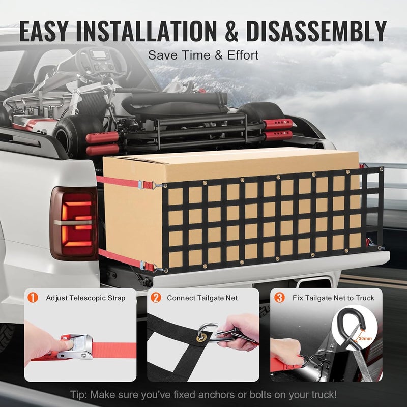 VEVOR Tailgate Net, 54 in x 18 in, Heavy Duty Cargo Net for Truck Bed with 4 Adjustable Telescopic Straps, Extendable & Durable, Flexible Adjustment, Suitable for Pickup, Trailer, Truck, Jeep, SUV Practical versatile construction - Image 4