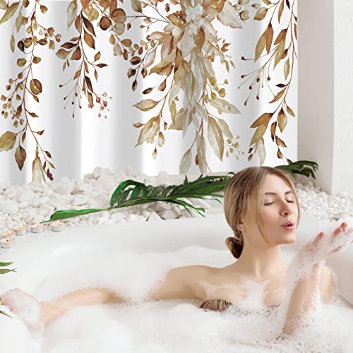 Gibelle Brown Eucalyptus Shower Curtain, Watercolor Plant Leaves with Floral Bathroom Shower Curtain Set with Hooks, 72x72 - Image 2
