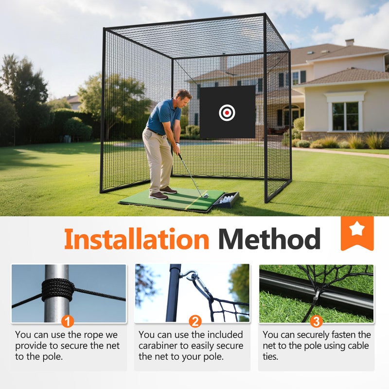 ORIENGEAR Golf Batting Cage Netting Golf Practice Nets with Target Net, 10ft x 10ft x 10ft Frame NOT Included, with 4 Carabiners and 2 Tie Rope, for Backyard, Black - Image 3