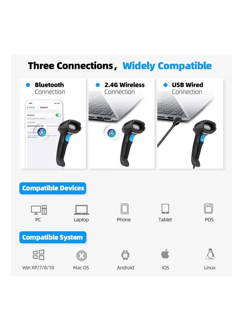 WALALLA 3-in-1 Connectivity Barcode Scanner with Charging Base - 2D/QR/1D Wireless Reader with 2200mAh All-Day Battery, Drop-Shock Protection & Hands-Free Scanning for Windows/Mac/Android/iOS - Image 5