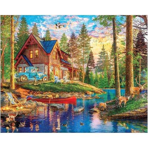White Mountain 1000 Piece Jigsaw Puzzle Scenice Lake Cabin Puzzles with Large Pieces for Adults and Family 24x30 Summer Retreat - Image 1
