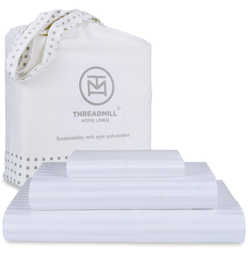 Threadmill 100 Cotton Sheets for Queen Size Bed  600 Thread Count Queen Bed Sheets Set with 16 Deep Pocket  Damask Stripe Sateen Weave 4Piece Bedding Set with Cooling Effect White