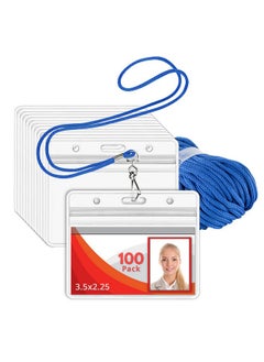 MIFFLIN -Usa Lanyard (Blue, 3.5X2.25 Inch, 100 Pack) With Clear Plastic Horizontal Id Badge Holder, Heavy Duty Name Pouch With Soft, Woven, Neck Lanyards  - Image 1