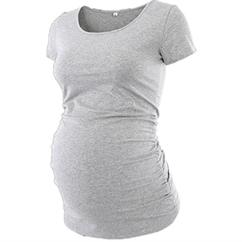 Cross-border supply wish ebay European and American women's clothing solid color round neck pullover short-sleeved maternity T-shirt three-color gray S - Image 1