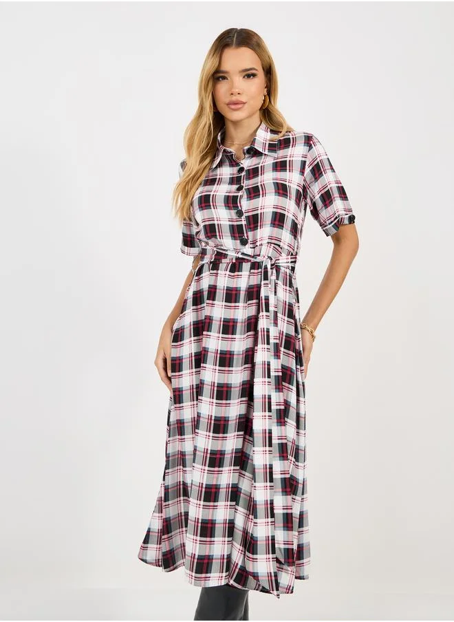 Styli Checked Shirt Midi Dress with Tie Belt