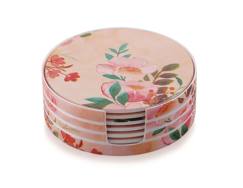 sunlife | Premium Orchid Floral Tea Coaster Set | Durable Melamine, Heat & Cold Resistant, Stain Resistant, Attractive Design | Perfect for Coffee, Tea, and Table Protection (Pink) - Image 1