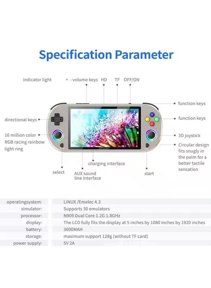 ELTRAZONE جهاز ألعاب محمول رجعي M22 Pro – شاشة IPS مقاس 5 بوصة، عصا تحكم RGB، بطارية 3000mAh، أكثر من 30 محاكي، ألعاب محمولة ومشغل فيديو (أسود) - Image 4