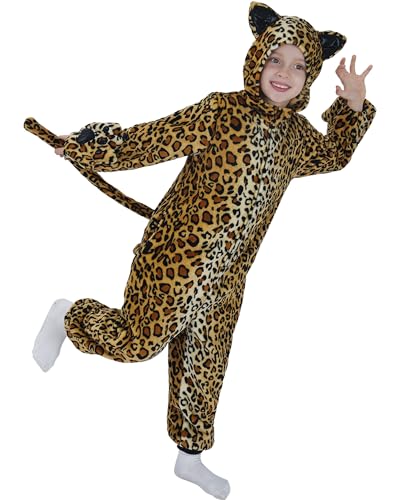 Wizland Flannel Cheetah Costume Kids Fun Onesie Leopard Costume Girls Onepiece Cat Coustume with Detachable Tail for Thanksgiving Halloween 4-6 - Image 1