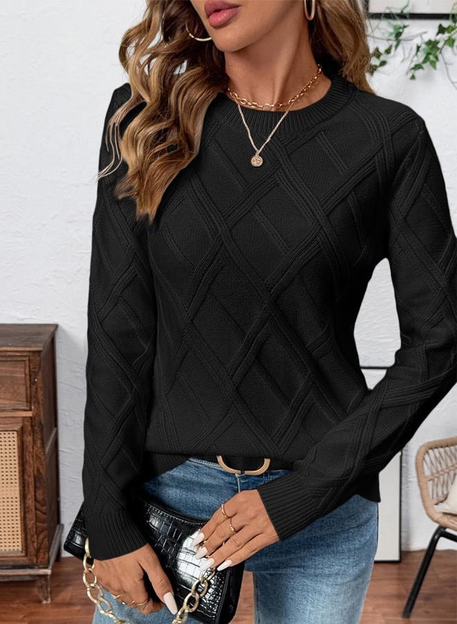 Shein Sweaters for Women Crewneck Long Sleeve Cable Knit Solid Warm Pullover Sweater Tops, Black, M - Image 5