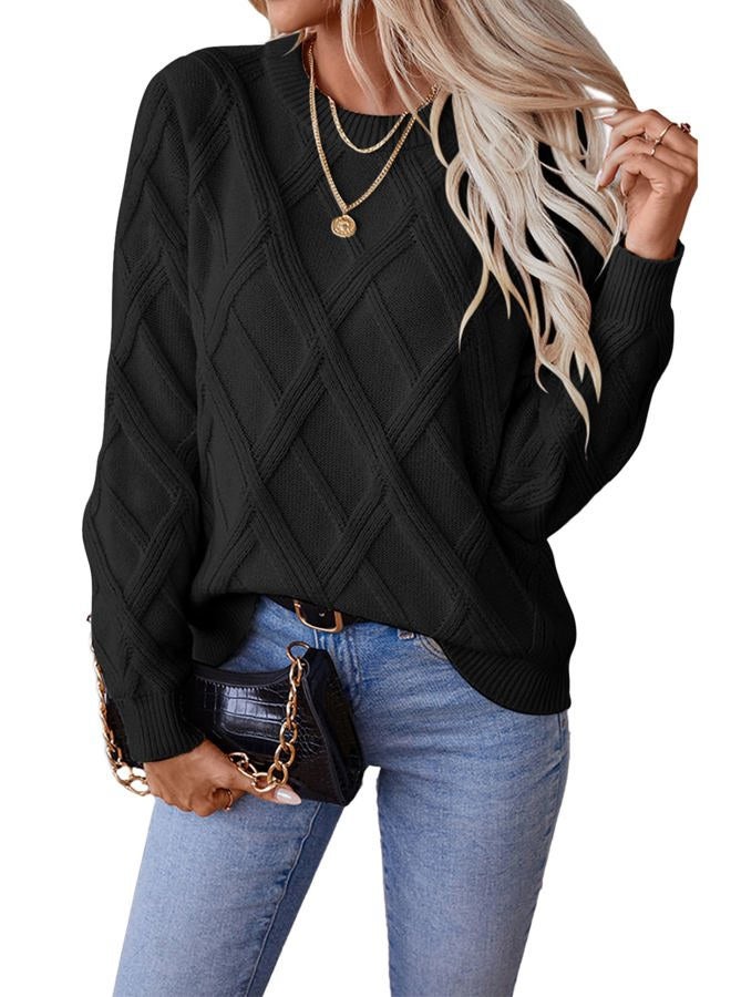 Shein Sweaters for Women Crewneck Long Sleeve Cable Knit Solid Warm Pullover Sweater Tops, Black, M - Image 1
