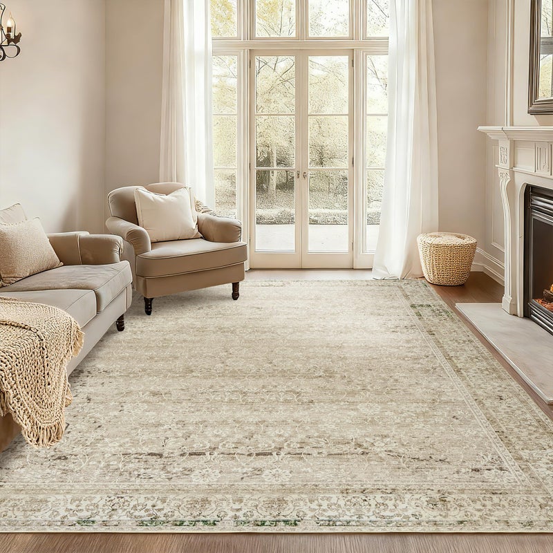 BILEEHOME Cream and Light Tan Rug for Bedroom Neutral Boho Farmhouse Floral Washable Soft Distressed Low Pile Non Slip Area Rugs for Living Room Home Office,5x8 - Image 1