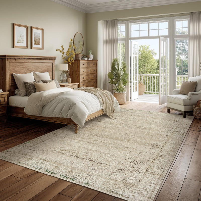 BILEEHOME Cream and Light Tan Rug for Bedroom Neutral Boho Farmhouse Floral Washable Soft Distressed Low Pile Non Slip Area Rugs for Living Room Home Office,5x8 - Image 5