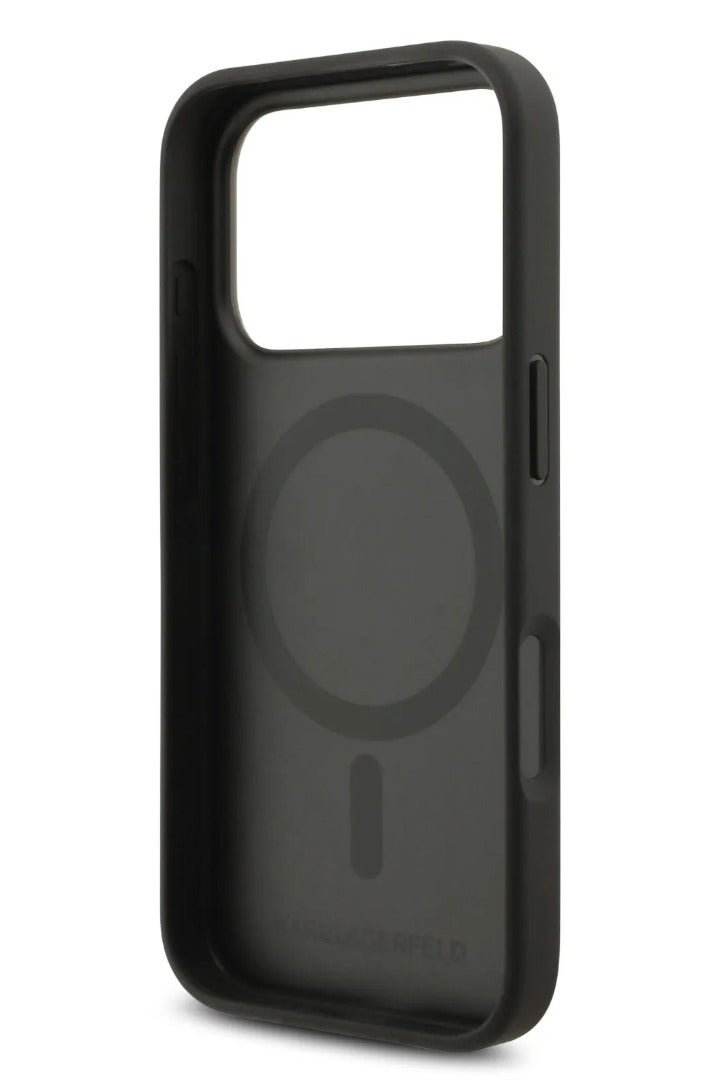 كارل لاغرفيلد جراب آيفون  برو ماج سيف غطاء خلفي جلد بولي يوريثان بدبابيس رأس كارل أسود - Image 5