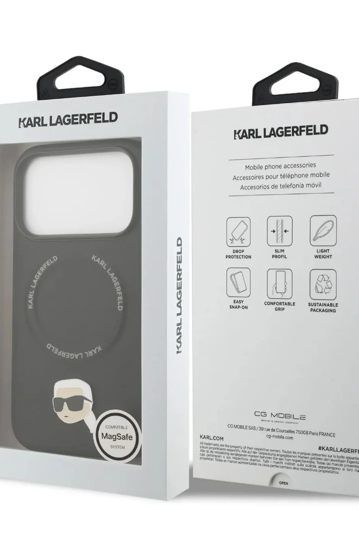 Karl Lagerfeld iPhone 17 Pro MagSafe Case / PU Leather Back Cover with Karl Head Pins - Black