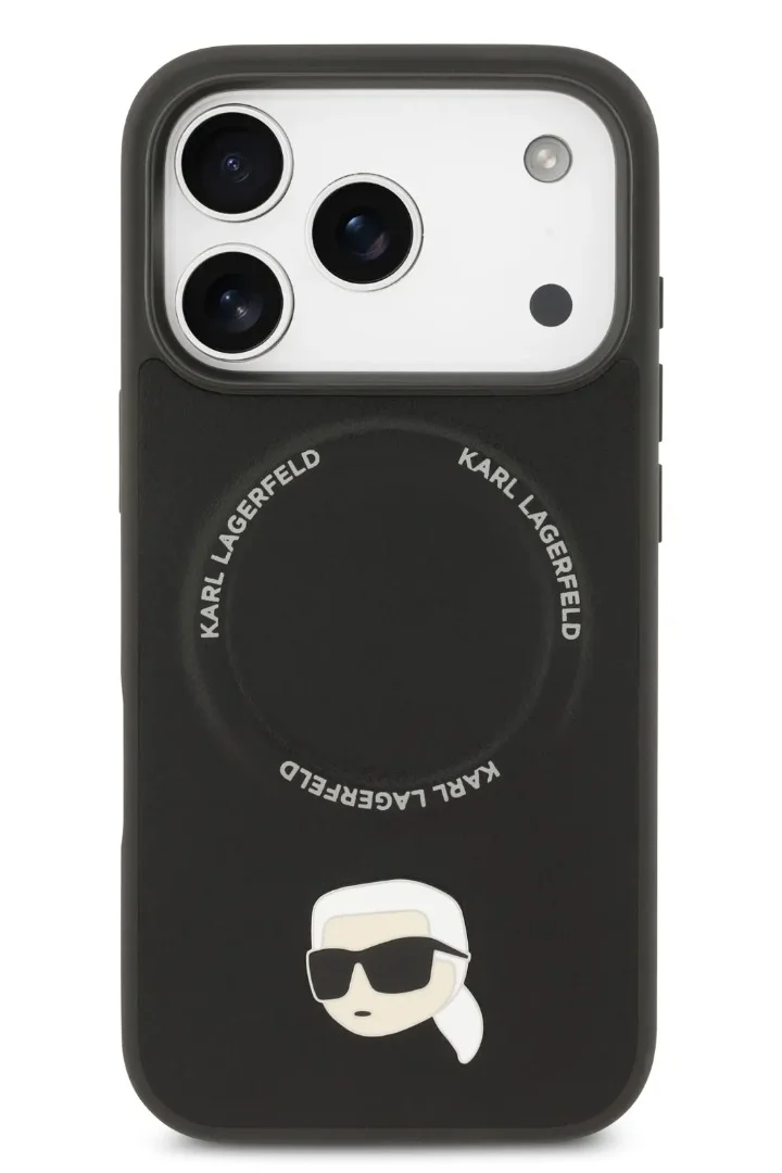 Karl Lagerfeld iPhone 17 Pro MagSafe Case / PU Leather Back Cover with Karl Head Pins - Black