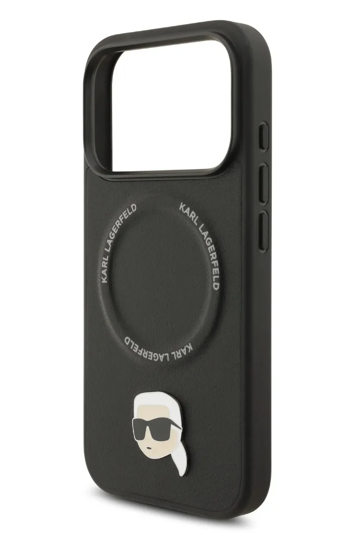 Karl Lagerfeld iPhone 17 Pro MagSafe Case / PU Leather Back Cover with Karl Head Pins - Black