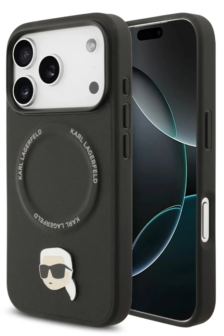 Karl Lagerfeld iPhone 17 Pro MagSafe Case / PU Leather Back Cover with Karl Head Pins - Black