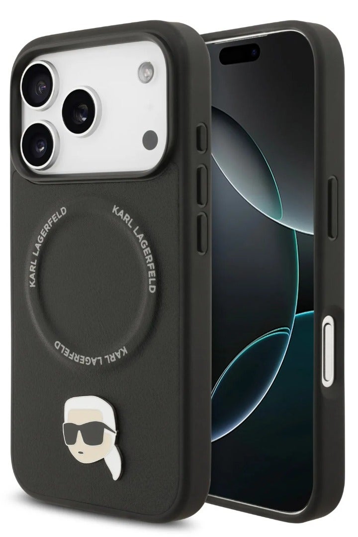 كارل لاغرفيلد جراب آيفون  برو ماج سيف غطاء خلفي جلد بولي يوريثان بدبابيس رأس كارل أسود - Image 4
