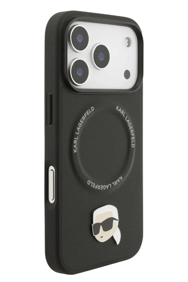 Karl Lagerfeld iPhone 17 Pro MagSafe Case / PU Leather Back Cover with Karl Head Pins - Black