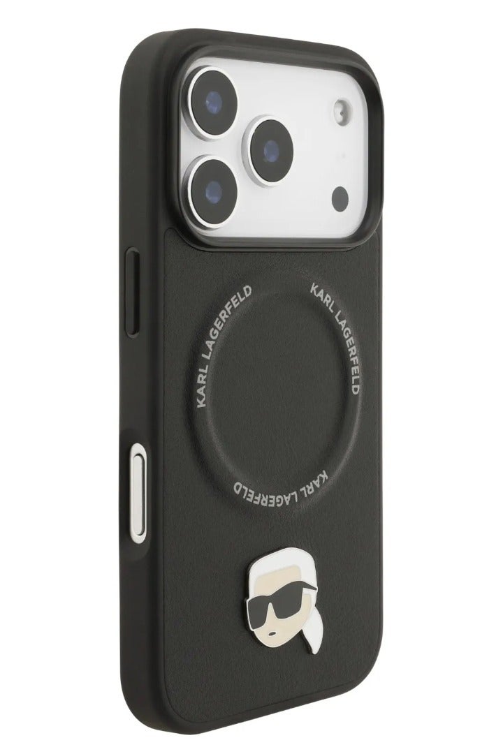 كارل لاغرفيلد جراب آيفون  برو ماج سيف غطاء خلفي جلد بولي يوريثان بدبابيس رأس كارل أسود - Image 3