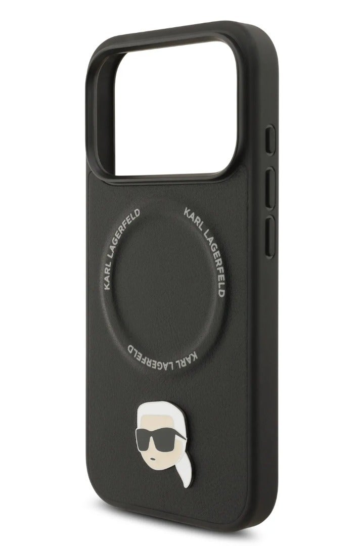 كارل لاغرفيلد جراب آيفون  برو ماج سيف غطاء خلفي جلد بولي يوريثان بدبابيس رأس كارل أسود - Image 2