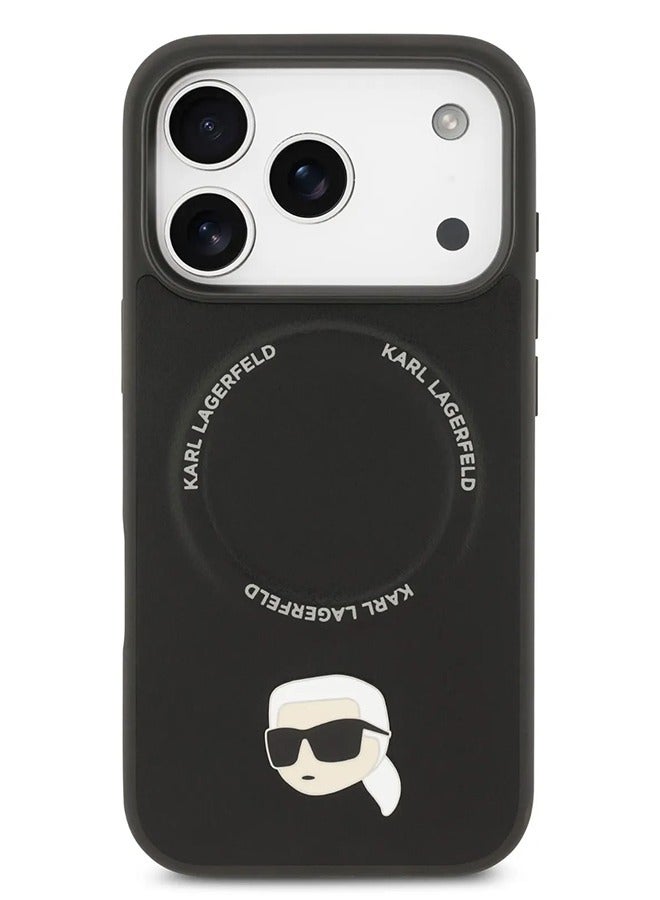كارل لاغرفيلد جراب آيفون  برو ماج سيف غطاء خلفي جلد بولي يوريثان بدبابيس رأس كارل أسود - Image 1