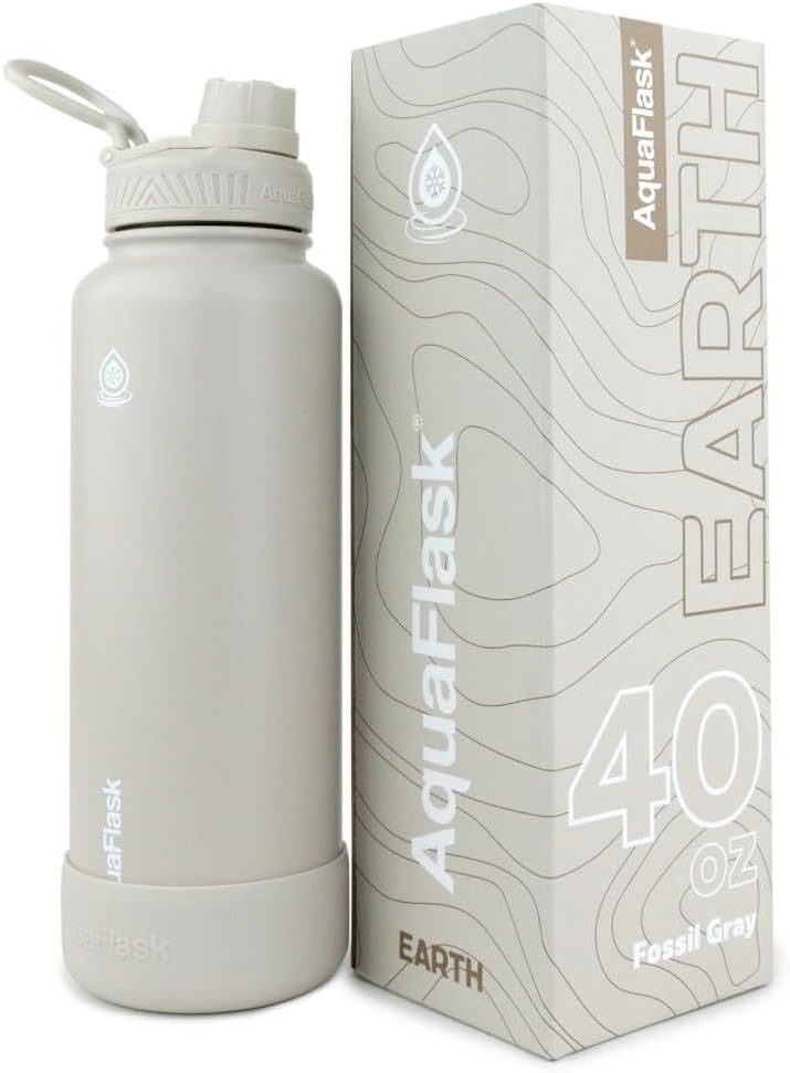 AquaFlask Earth Collection Water Bottle, 1.18L, Vacuum Insulated Stainless Steel, Double-Wall Leak-Proof Wide Mouth, Fossil Gray - Image 1