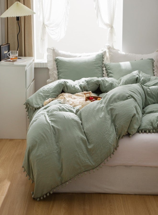 SOUKECHY Pom Pom Ruffled Bedding,Girls Queen Aesthetic Comforter Cover Set,Cute Princess Style Ruffled Duvet Cover with Pom Pom Tassels on 3 Sides and Pillowcase, Zipper Closure-Green,Queen - Image 1
