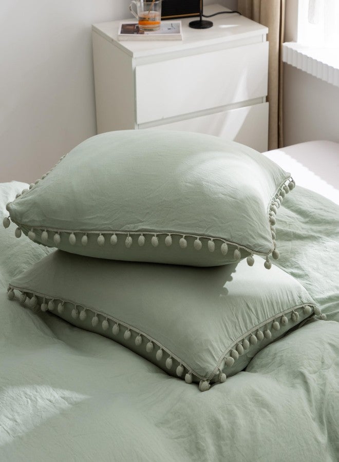 SOUKECHY Pom Pom Ruffled Bedding,Girls Queen Aesthetic Comforter Cover Set,Cute Princess Style Ruffled Duvet Cover with Pom Pom Tassels on 3 Sides and Pillowcase, Zipper Closure-Green,Queen - Image 4
