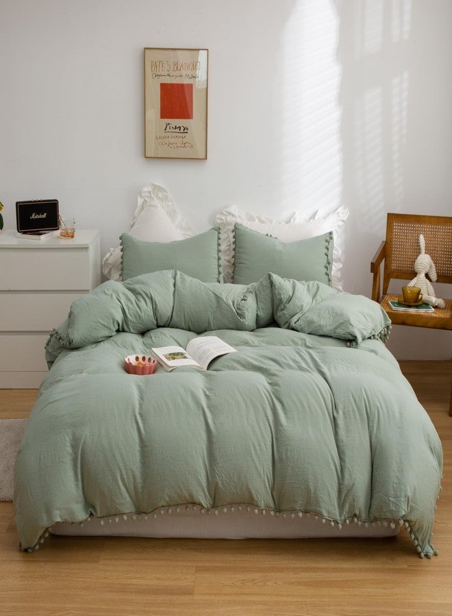 SOUKECHY Pom Pom Ruffled Bedding,Girls Queen Aesthetic Comforter Cover Set,Cute Princess Style Ruffled Duvet Cover with Pom Pom Tassels on 3 Sides and Pillowcase, Zipper Closure-Green,Queen - Image 2
