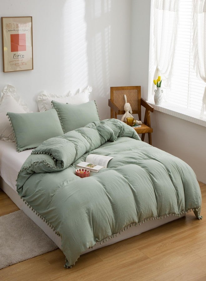 SOUKECHY Pom Pom Ruffled Bedding,Girls Queen Aesthetic Comforter Cover Set,Cute Princess Style Ruffled Duvet Cover with Pom Pom Tassels on 3 Sides and Pillowcase, Zipper Closure-Green,Queen - Image 3