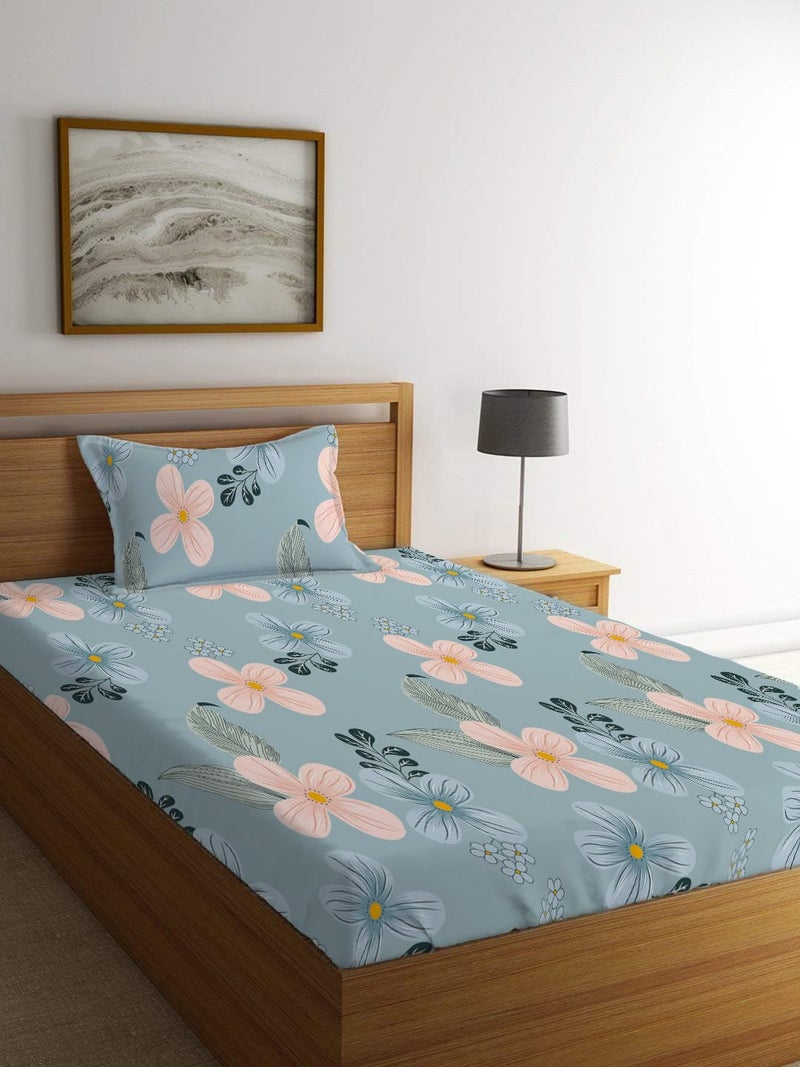 LOOMLYFE 300 TC Cotton Feel Glace Elastic Fitted Printed Single Bed Bedsheet with 1 Pillow Cover Fits Upto 6 Inches Mattress,Size- 42X75X8 Inches, Skypeachflower - Image 1