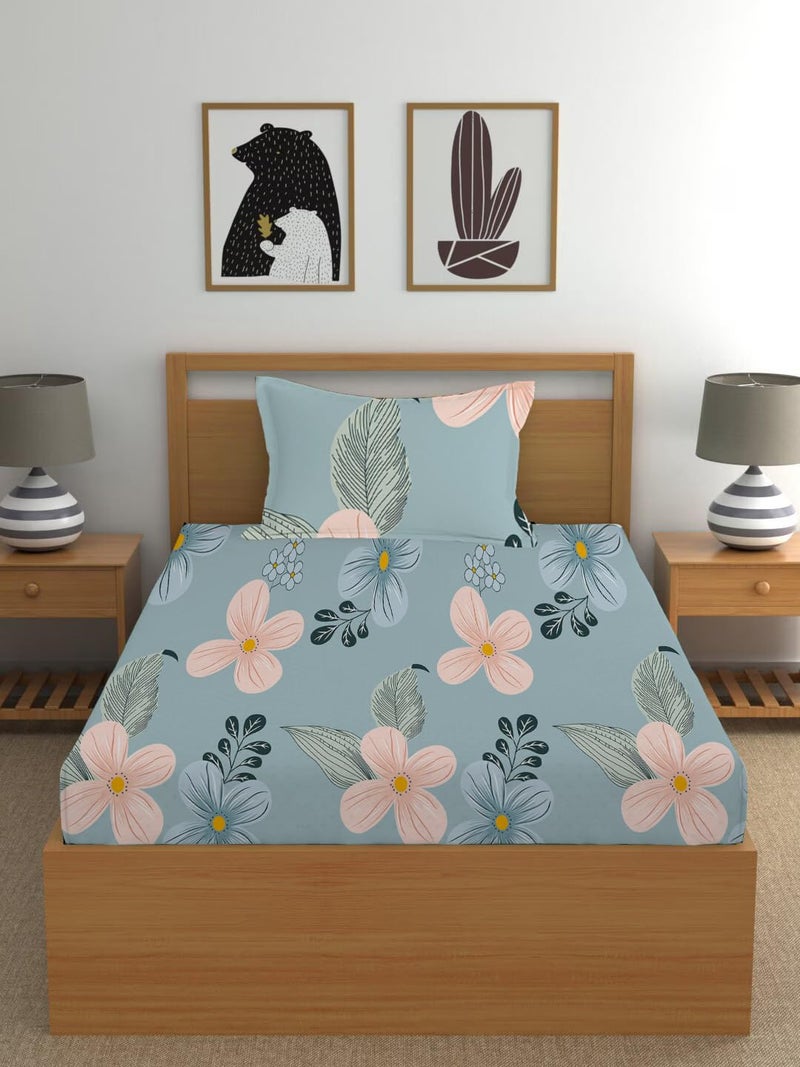 LOOMLYFE 300 TC Cotton Feel Glace Elastic Fitted Printed Single Bed Bedsheet with 1 Pillow Cover Fits Upto 6 Inches Mattress,Size- 42X75X8 Inches, Skypeachflower - Image 3